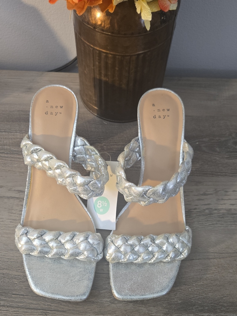 a new day Silver Braided Double-Strap Slide Mules